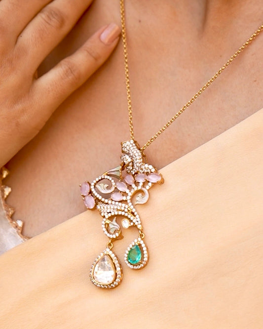 Manmohini Mossanite Polki Pendant Set- Gold Plated