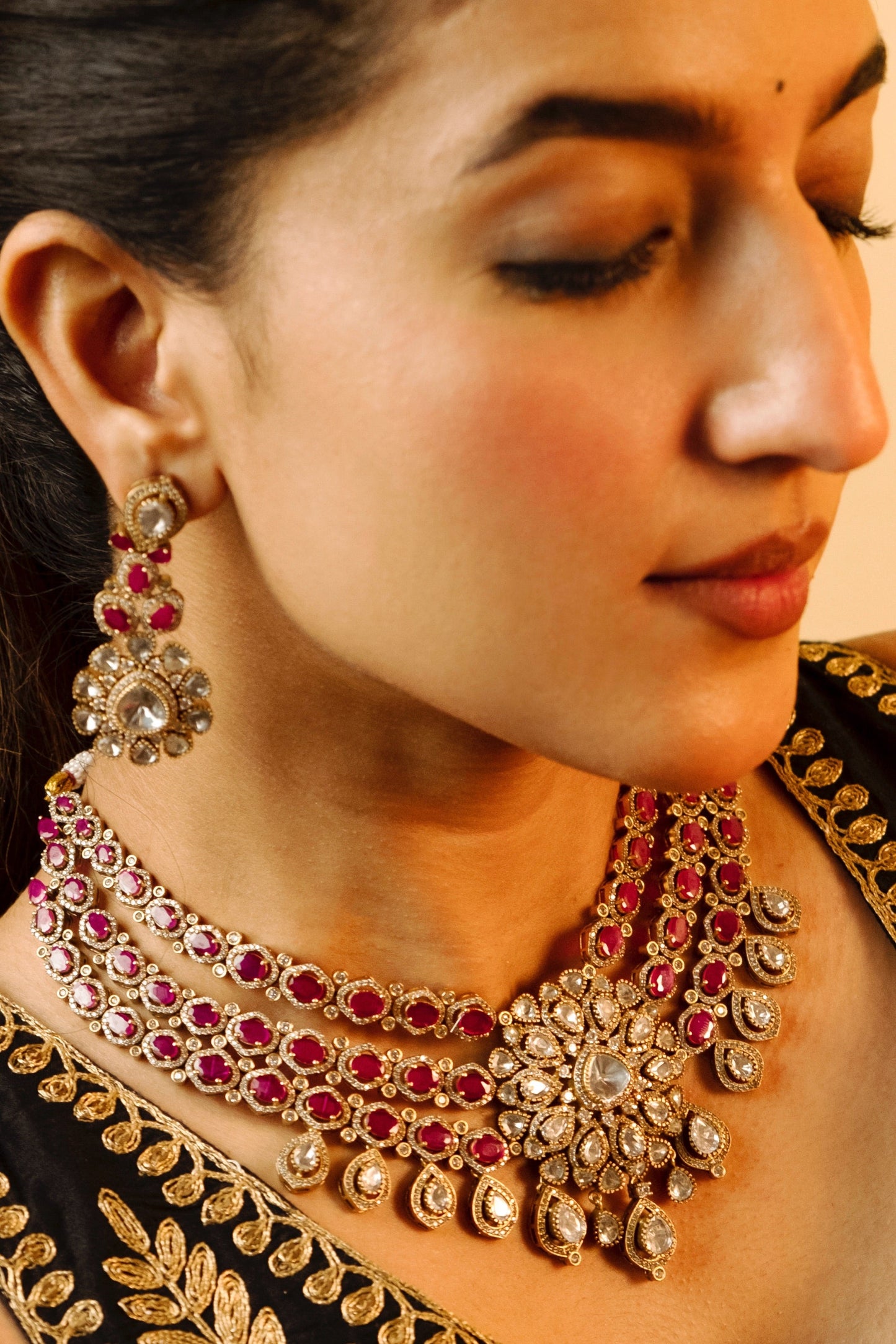 Pre Order- Indus Ruby Moissanite Polki Necklace Set