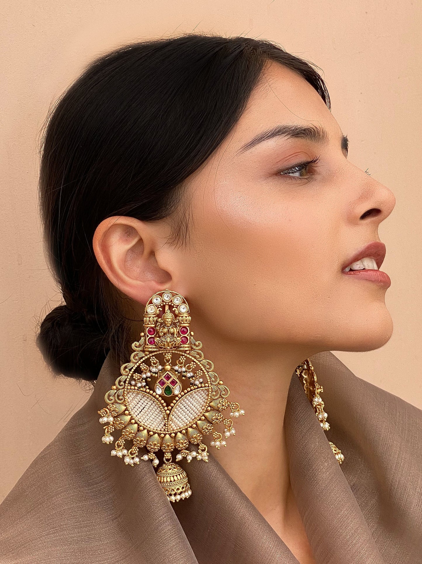 Raina Antique Gold Finish Temple Earrings