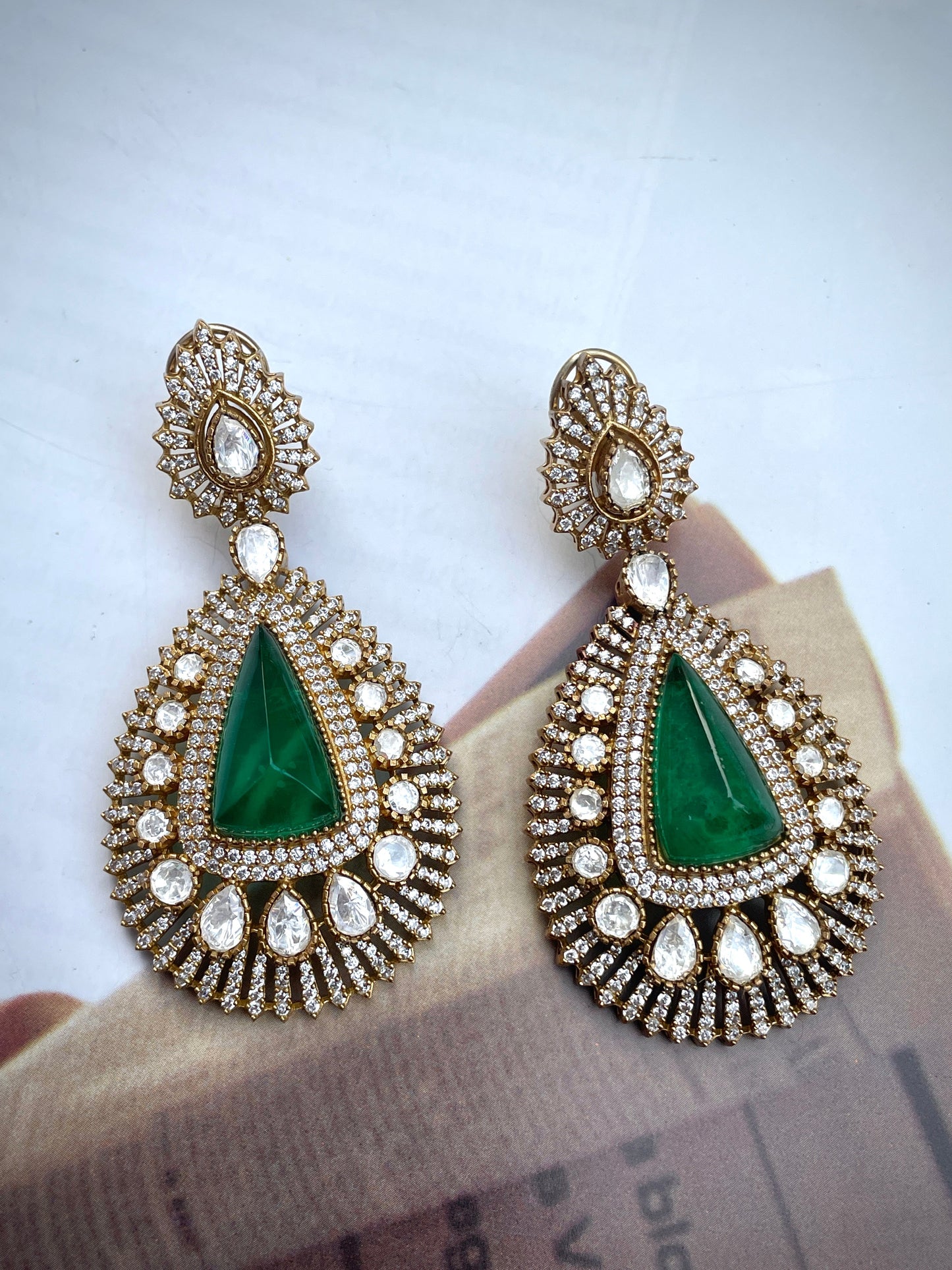 Pre Order- Usha Emerald Moissanite Polki Earrings