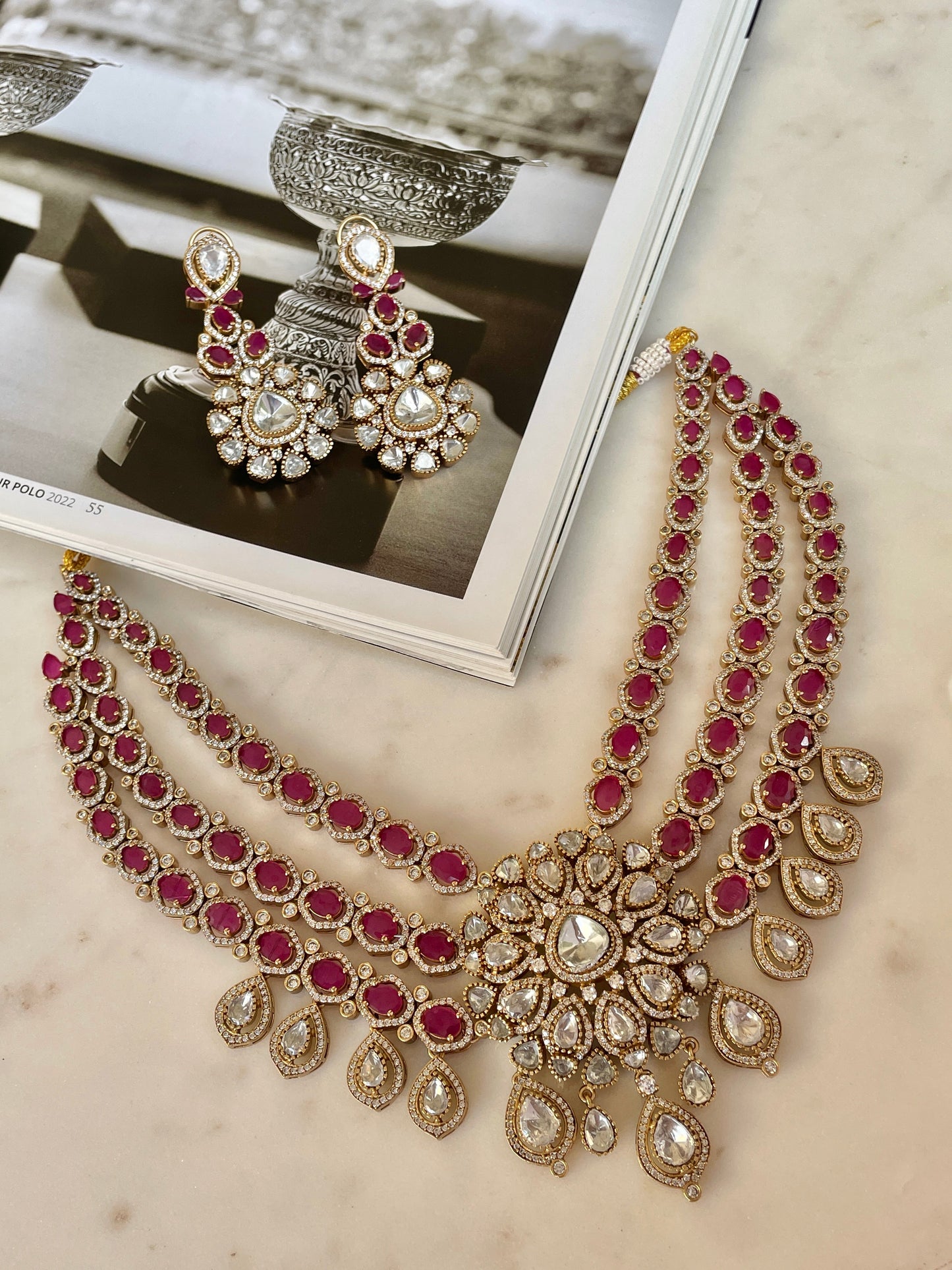 Pre Order- Indus Ruby Moissanite Polki Necklace Set