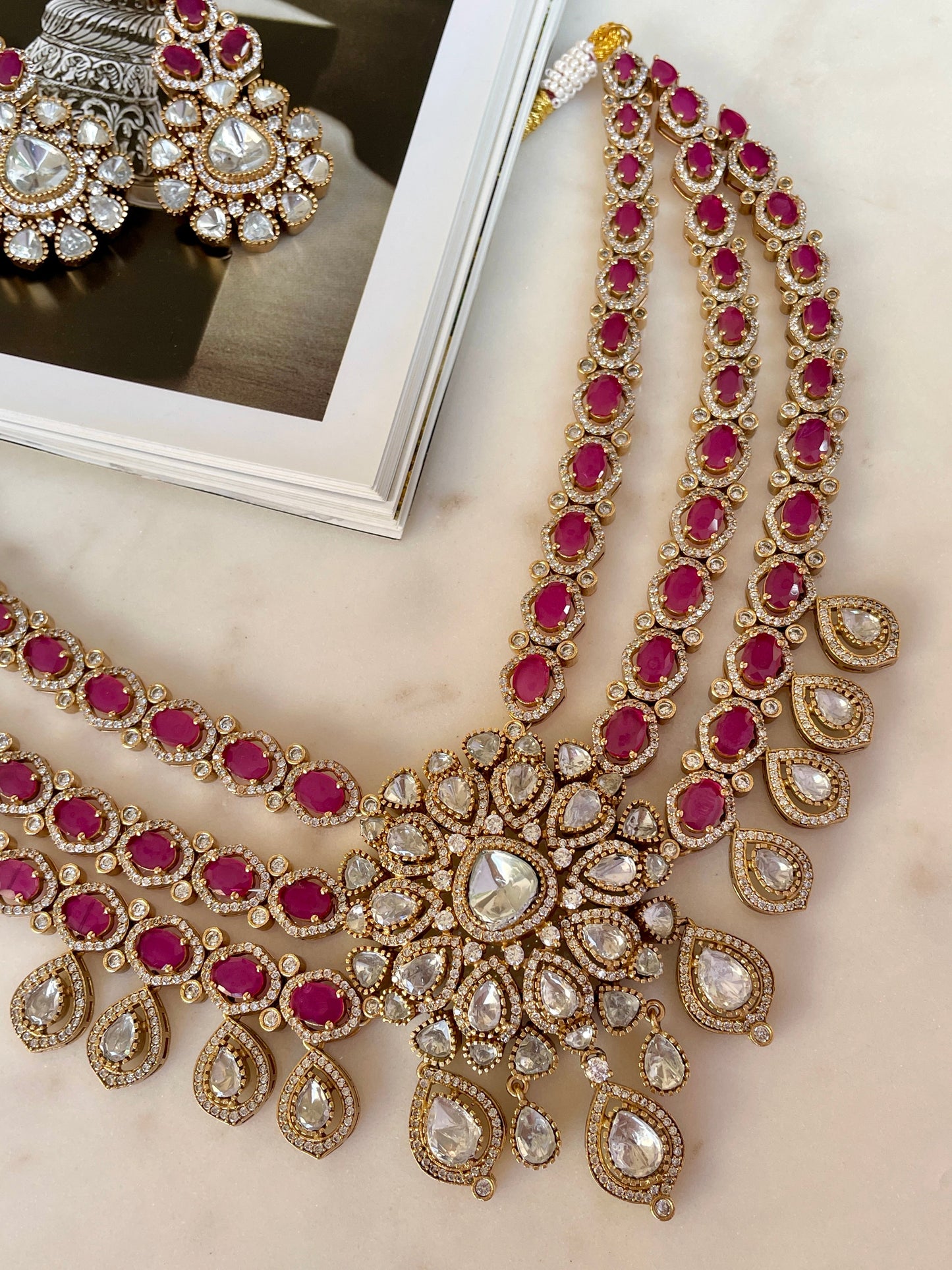Pre Order- Indus Ruby Moissanite Polki Necklace Set