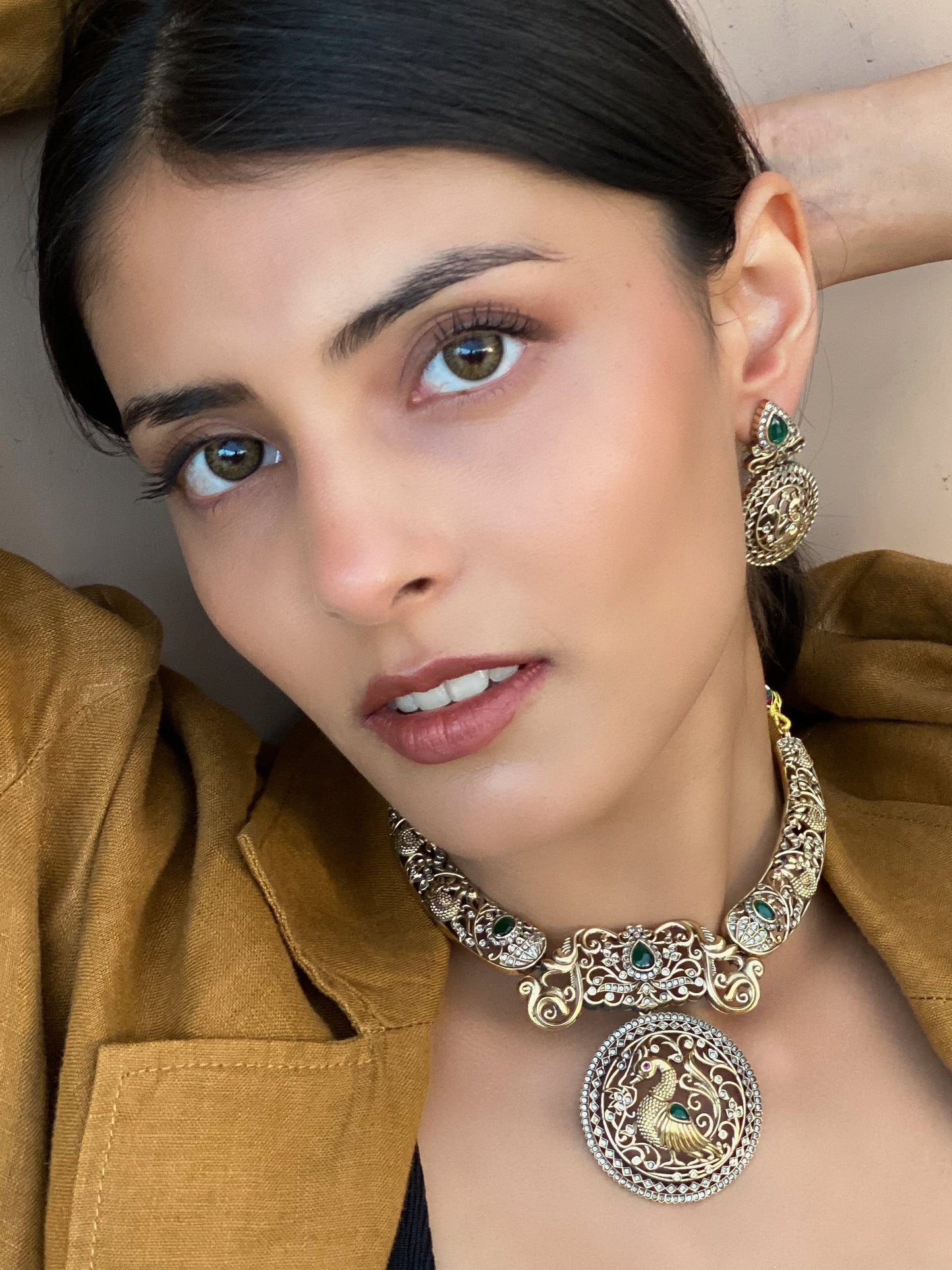 Mughal Mayur Gold Finish Antique Necklace Set