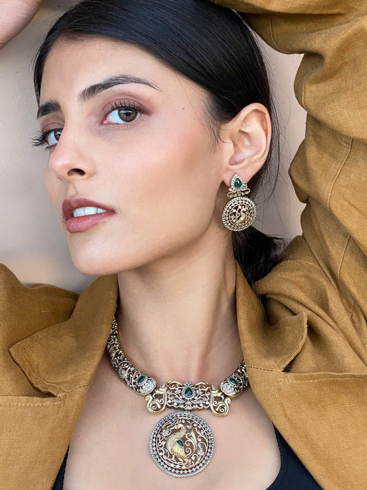 Mughal Mayur Gold Finish Antique Necklace Set