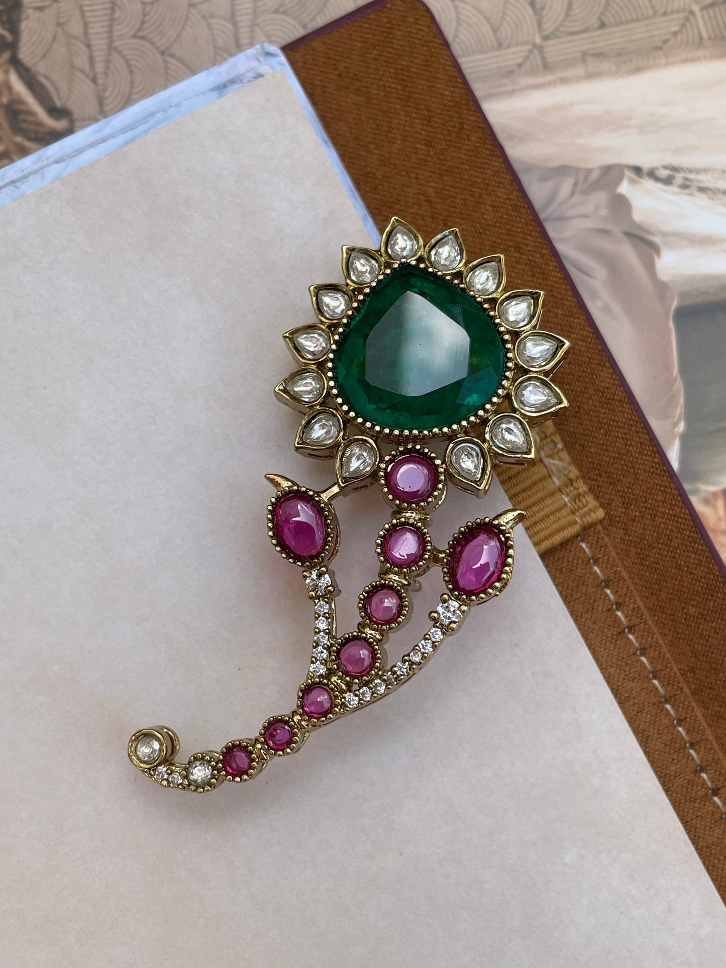 Patraj Emerald and Ruby Polki Brooch ( Single )
