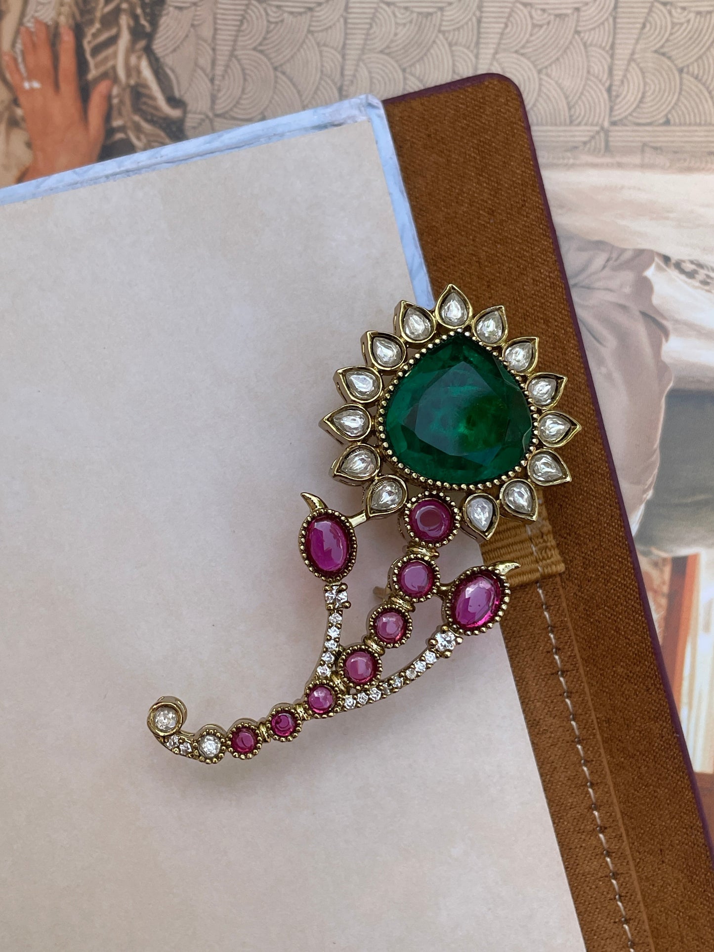 Patraj Emerald and Ruby Polki Brooch ( Single )