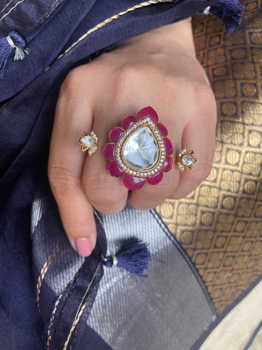 Arham Ruby Moissanite Polki Double Finger Ring