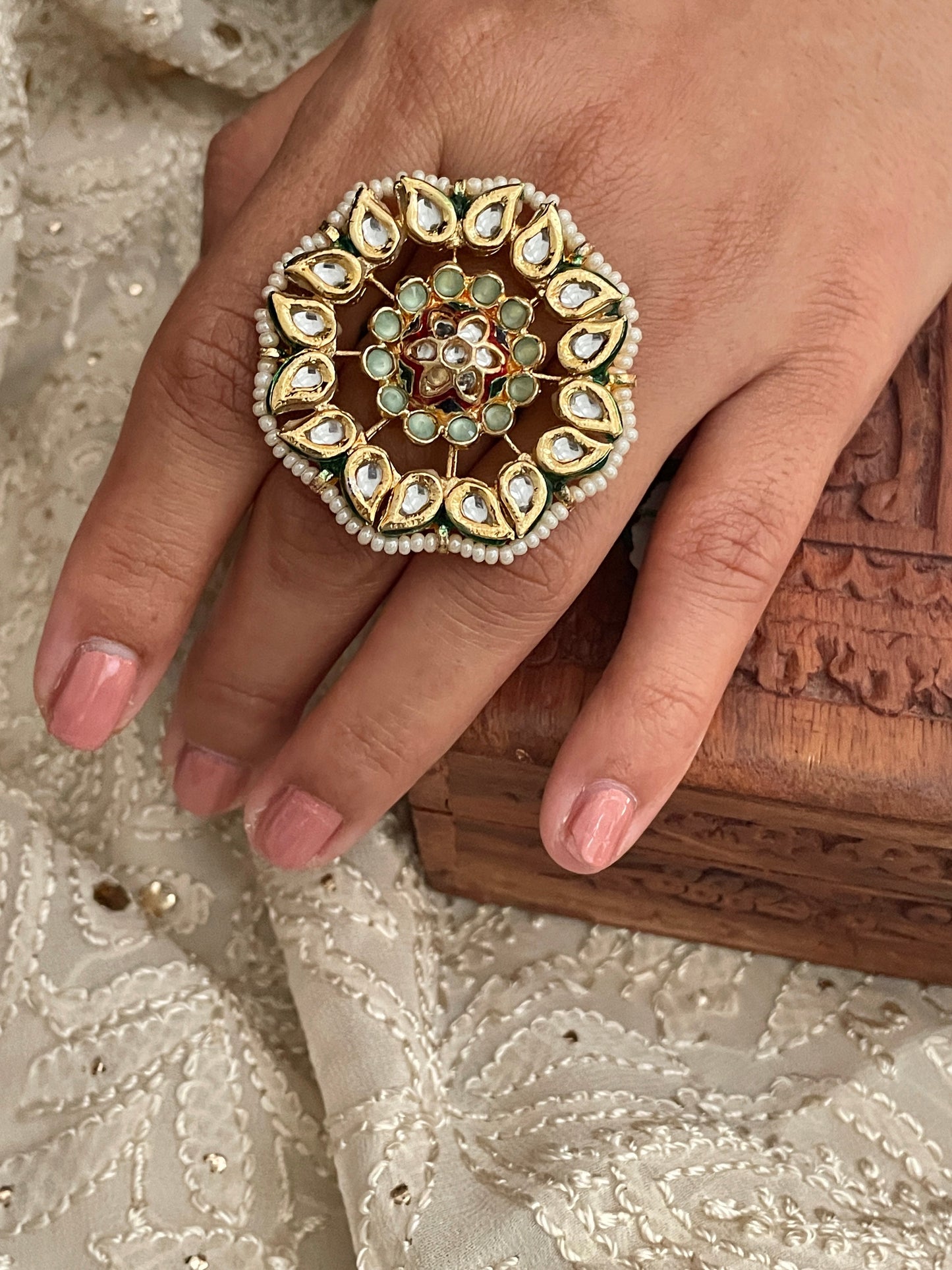 Leher Kundan Adjustable Ring