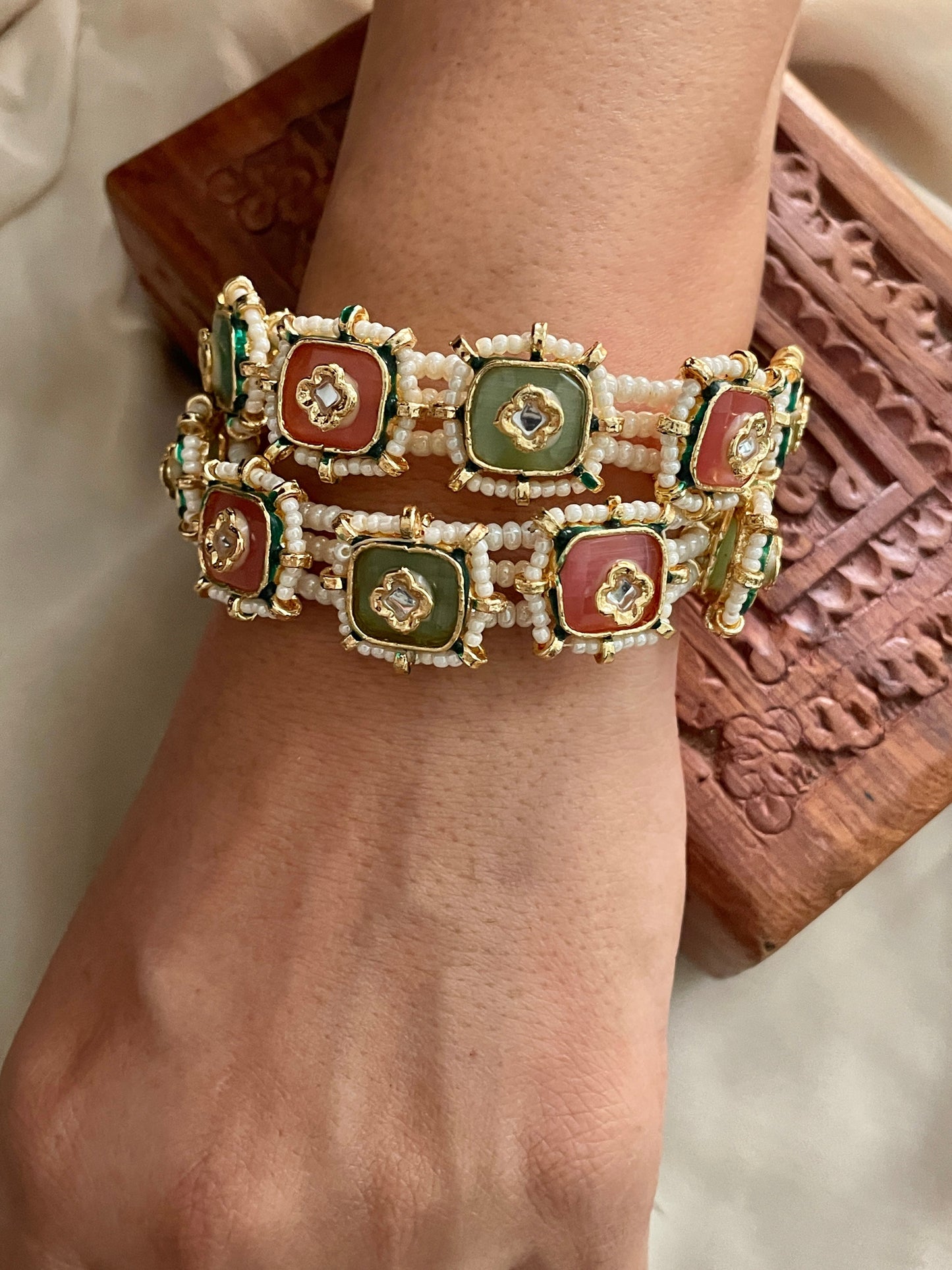 Nivriti Kundan & Pearl Bracelet Set