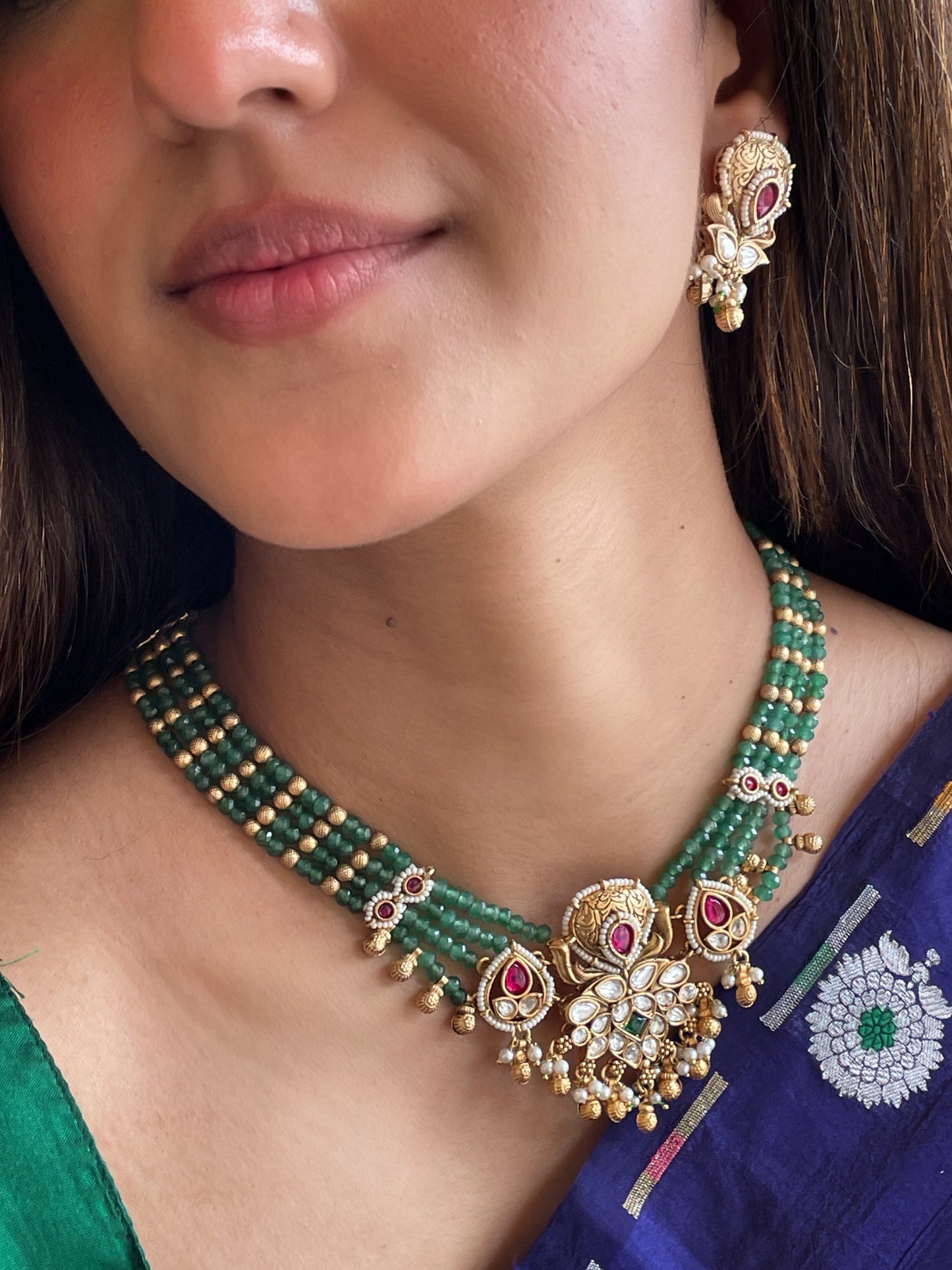Ahalya Emerald Polki Antique Necklace Set