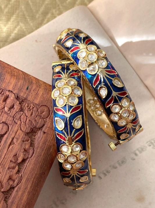 Niharika Blue Enamel & Polki Openable Bangles