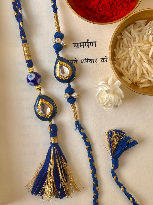 Pre Order - Suraksha Blue Thread Reversible Rakhi and Lumba Set