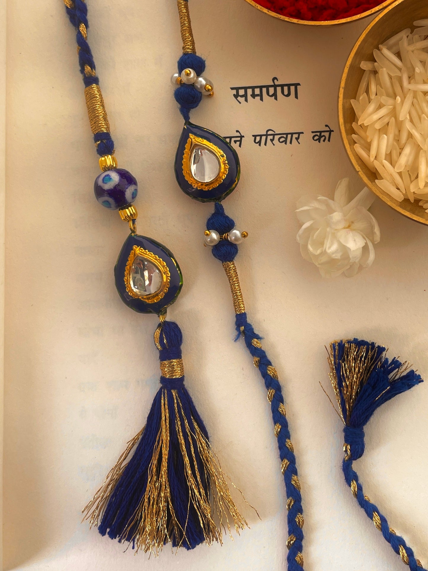 Pre Order - Suraksha Blue Thread Reversible Rakhi and Lumba Set