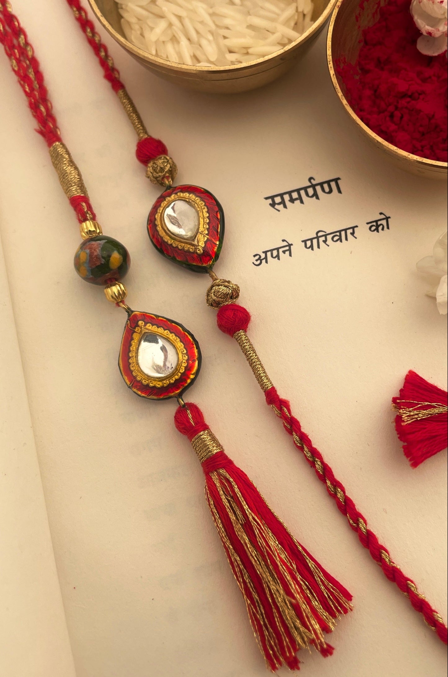 Pre Order - Sanjog Red Thread Reversible Rakhi and Lumba Set