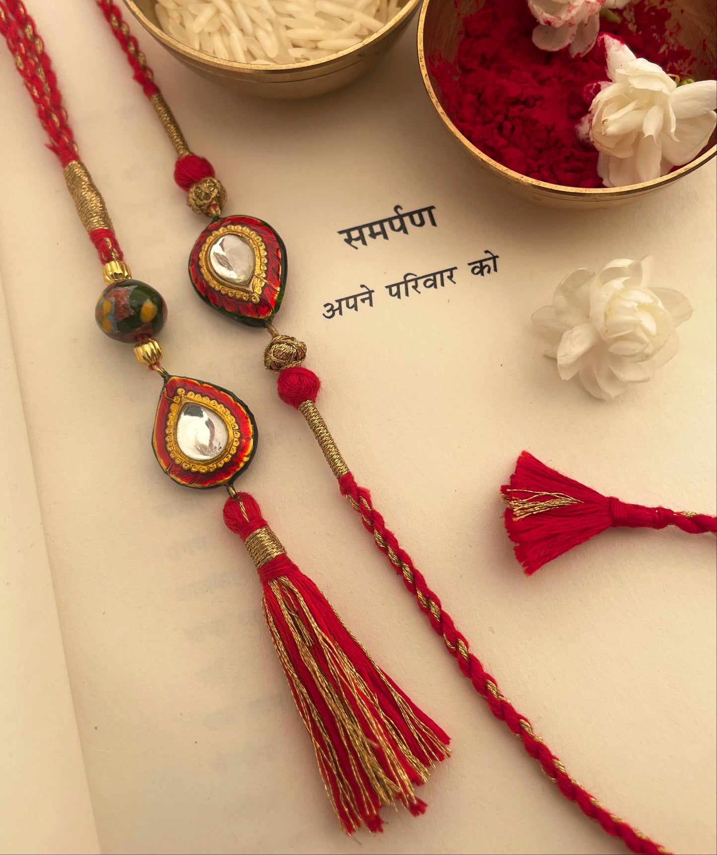 Pre Order - Sanjog Red Thread Reversible Rakhi and Lumba Set