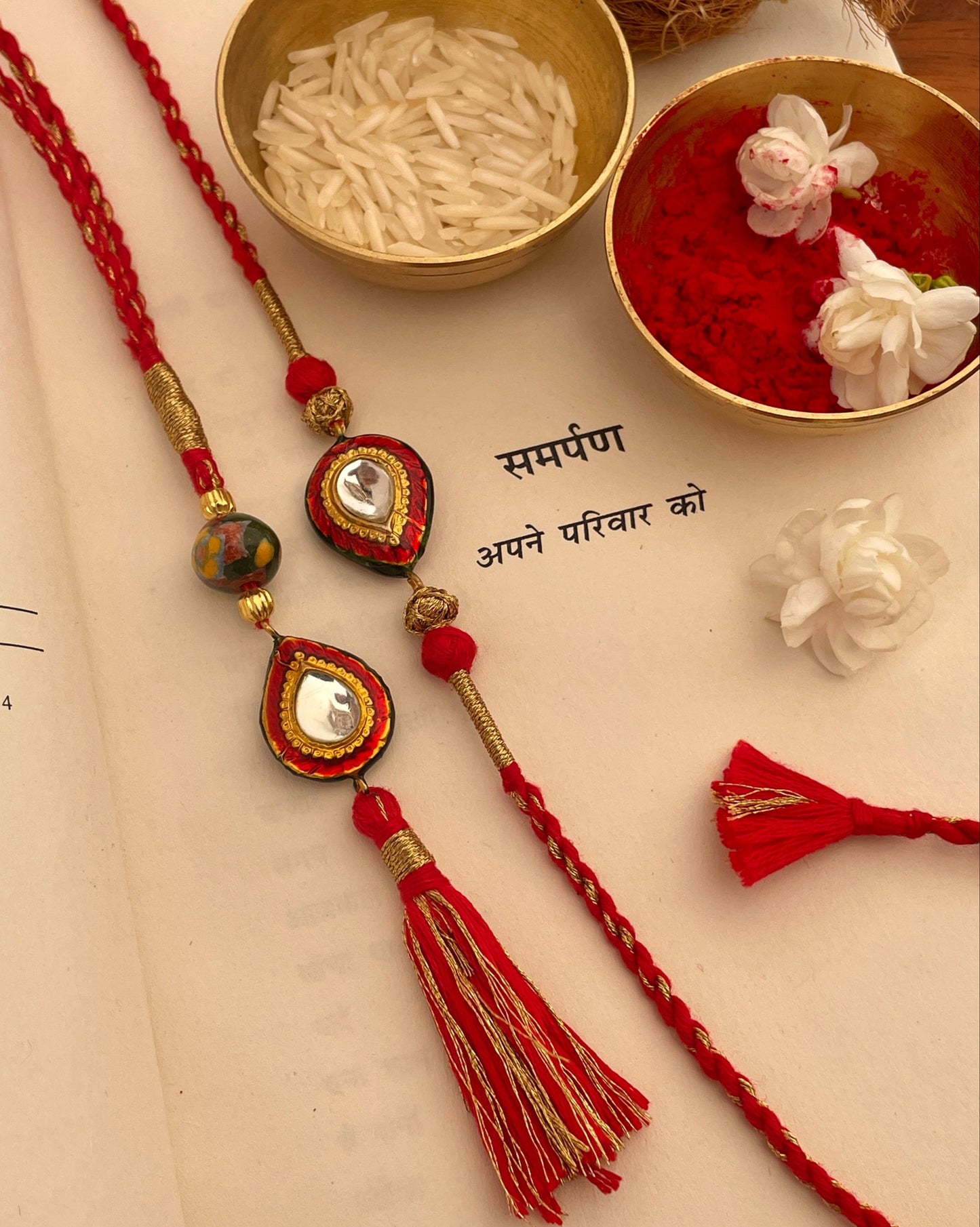 Pre Order - Sanjog Red Thread Reversible Rakhi and Lumba Set