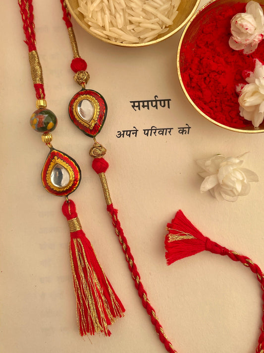 Pre Order - Sanjog Red Thread Reversible Rakhi and Lumba Set