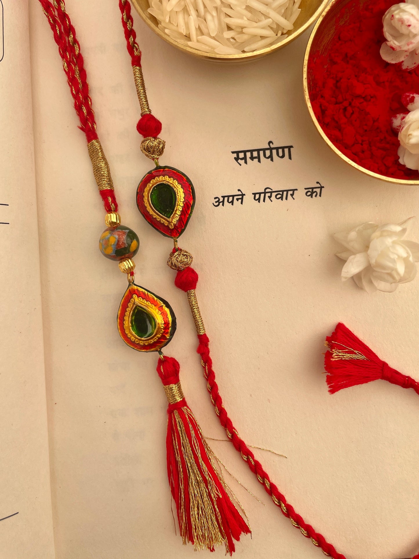 Pre Order - Sanjog Red Thread Reversible Rakhi and Lumba Set