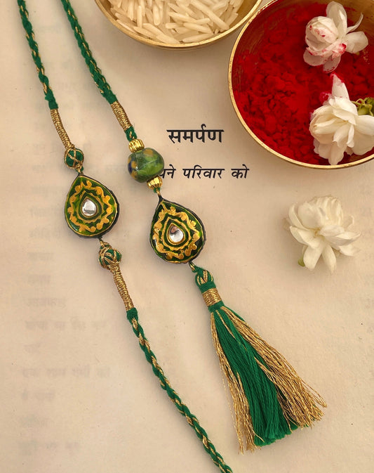 Pre Order - Rishta Green Thread Reversible Rakhi and Lumba Set