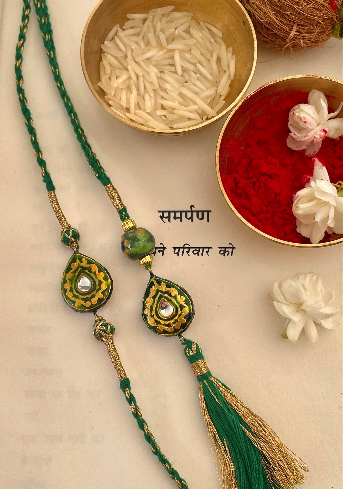 Pre Order - Rishta Green Thread Reversible Rakhi and Lumba Set