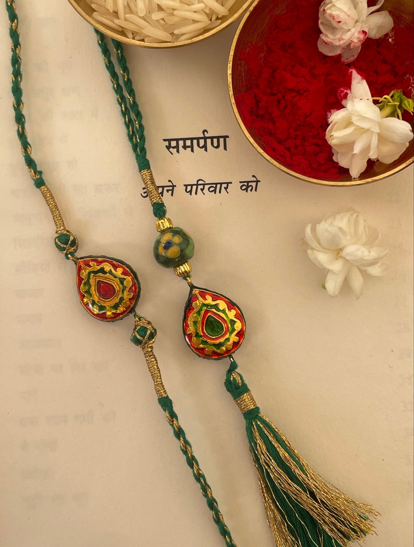 Pre Order - Rishta Green Thread Reversible Rakhi and Lumba Set