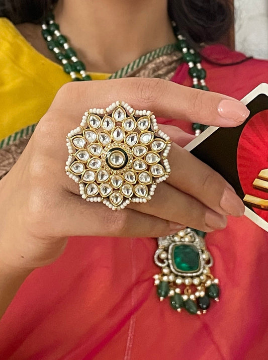 Priyamvada Gold Finish Adjustable Polki Ring