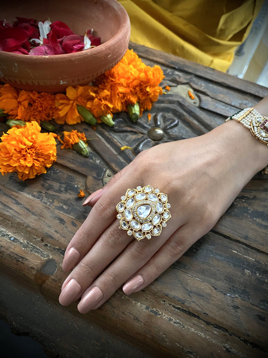 Asmita Adjustable Gold Finish Polki Ring