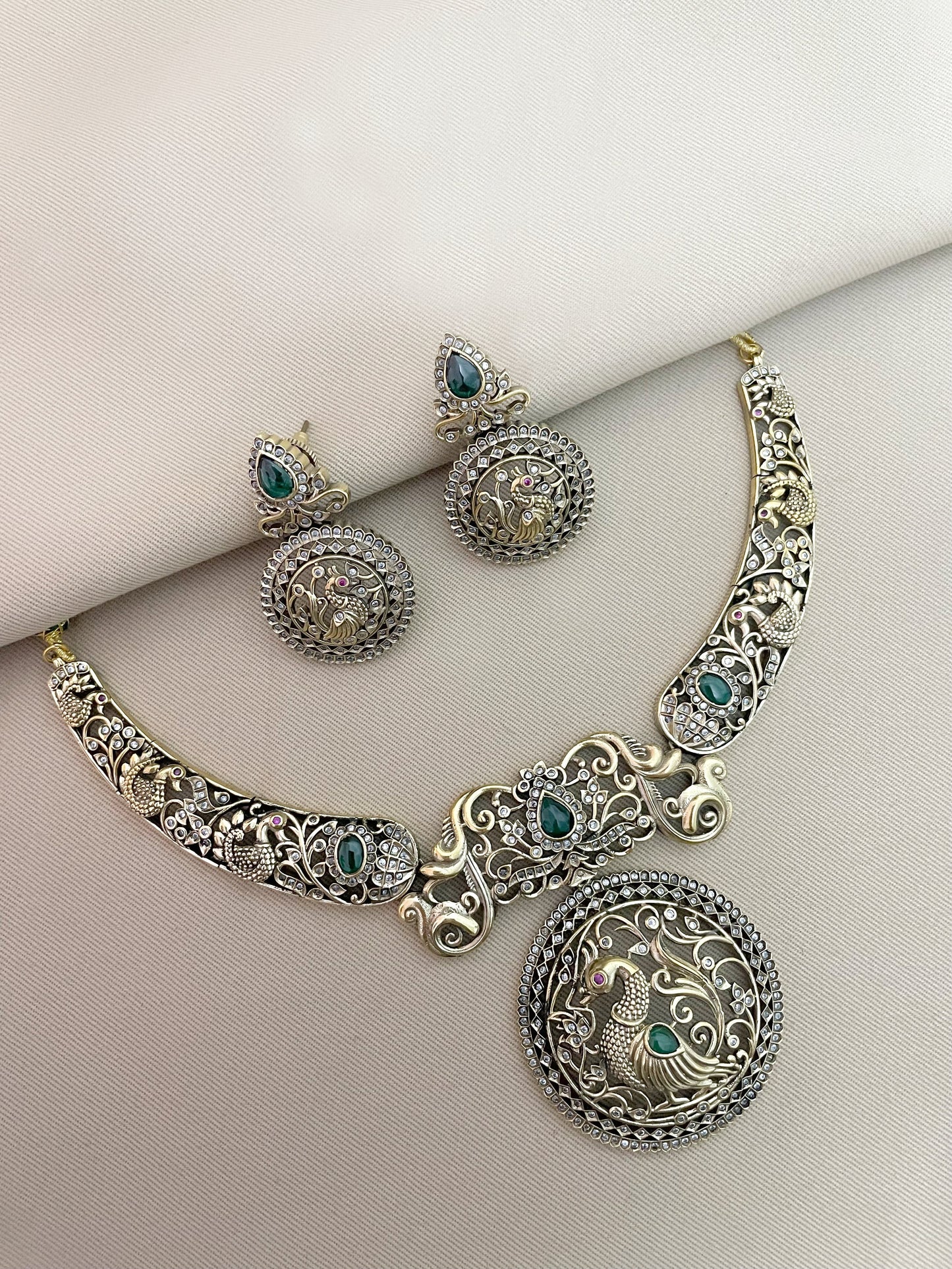 Mughal Mayur Gold Finish Antique Necklace Set
