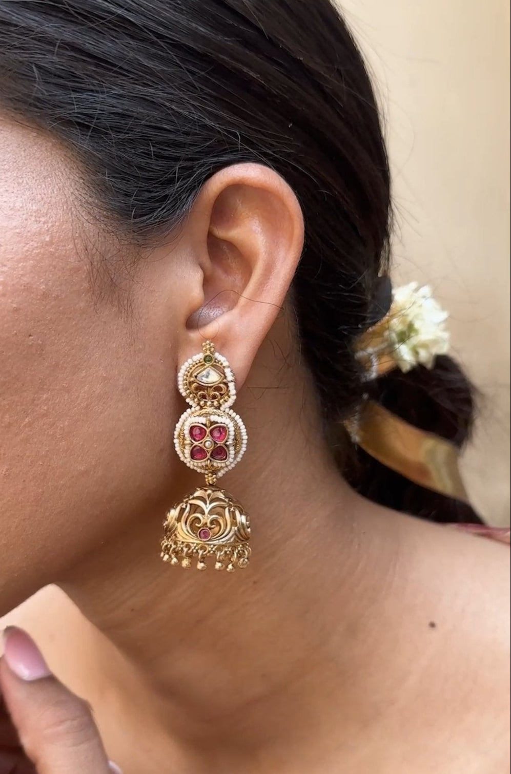 Chenab Antique Jhumki Earrings in Red